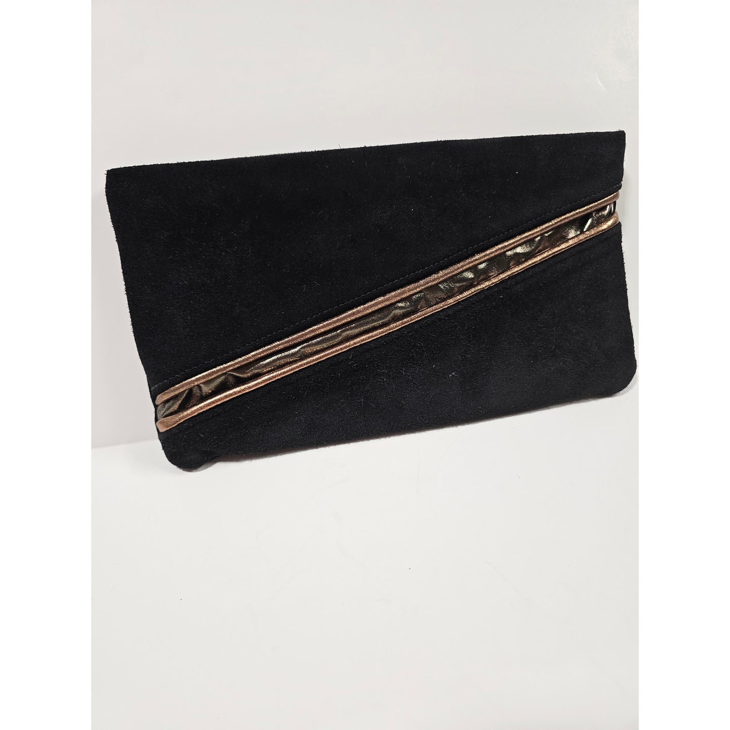 Vintage Clutch Black Suede with metal zipper and Copper strap