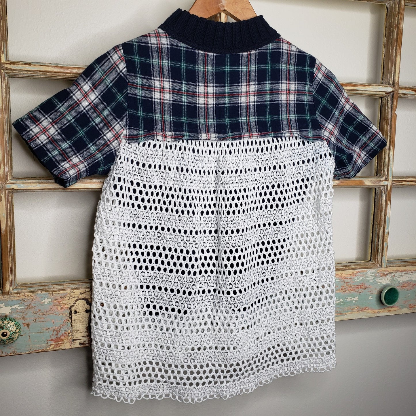 Sea New York Blue/White Plaid Crochet Knit Short top ladies size small