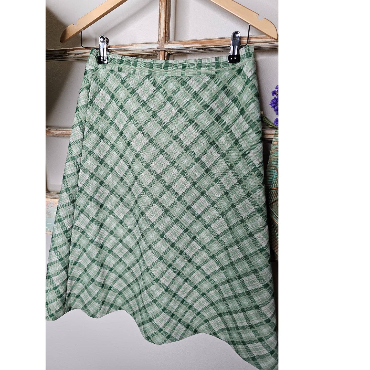 Retro Polyester 70's Skirt and Blazer Green Plaid Set Size 10