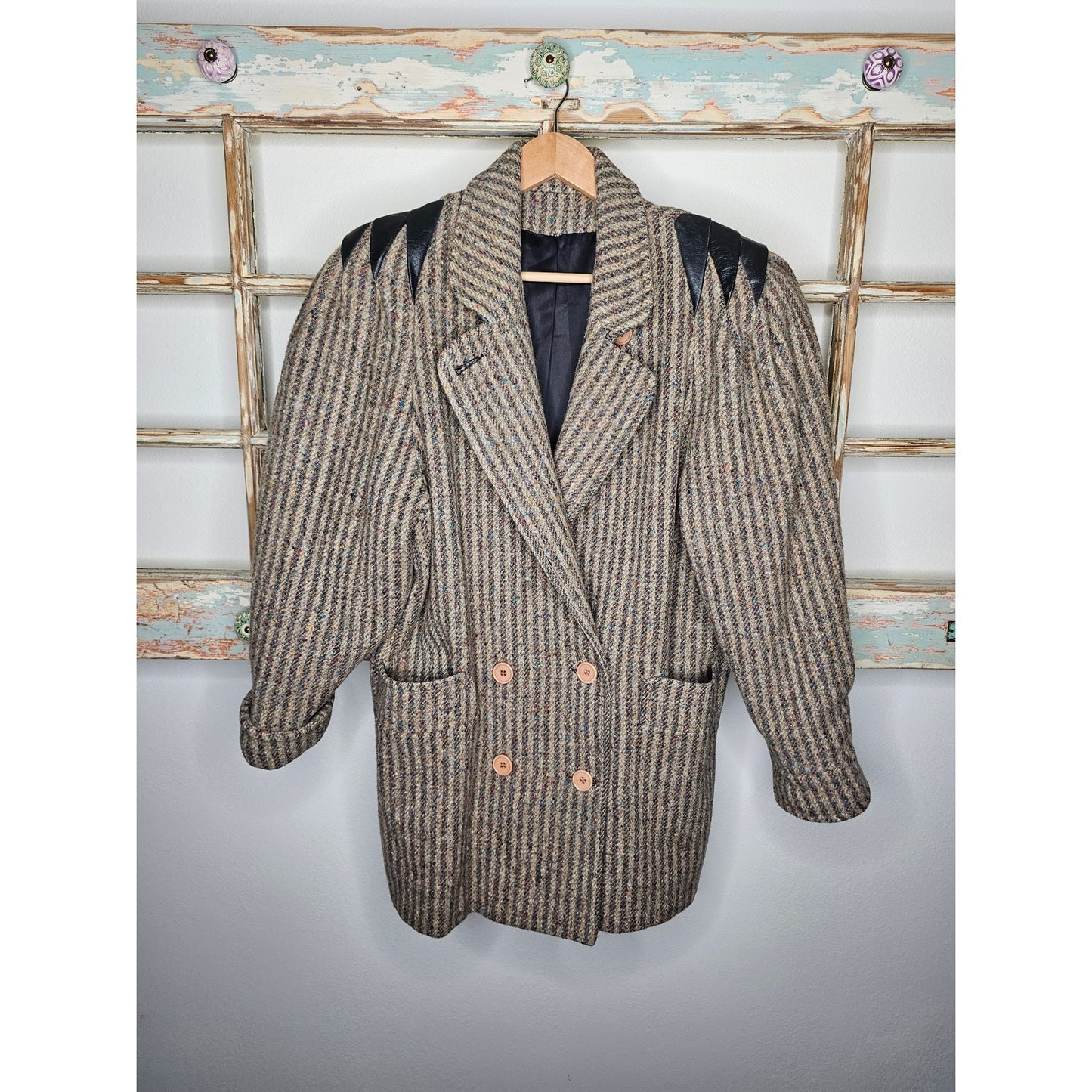 Wool Double Breasted Womans coat with pockets and leather accents size 1X
