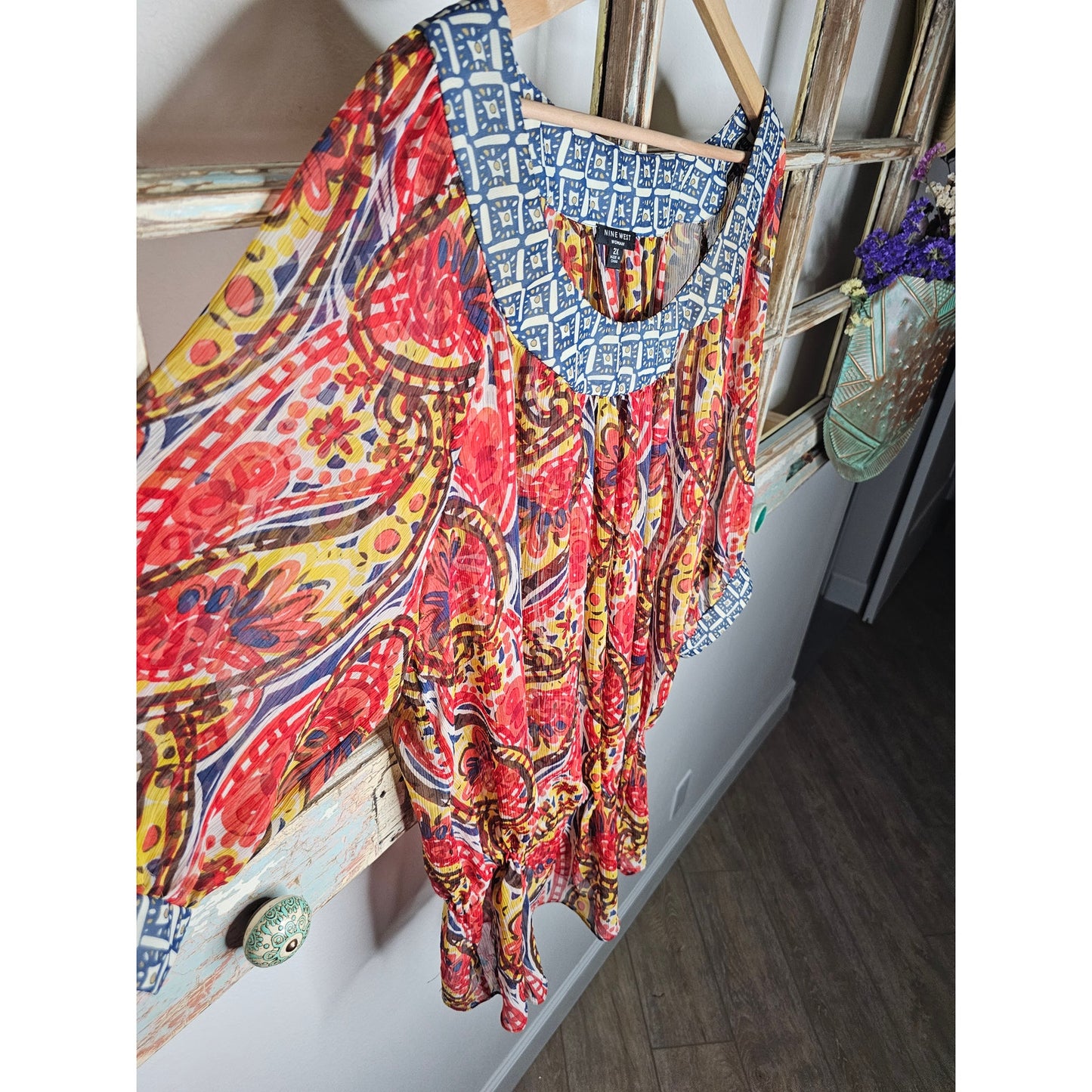 Nine West Vibrant Sheer Drawstring Scoop neck blouse size 2X