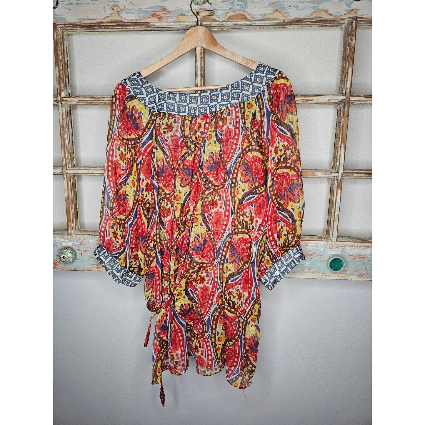 Nine West Vibrant Sheer Drawstring Scoop neck blouse size 2X