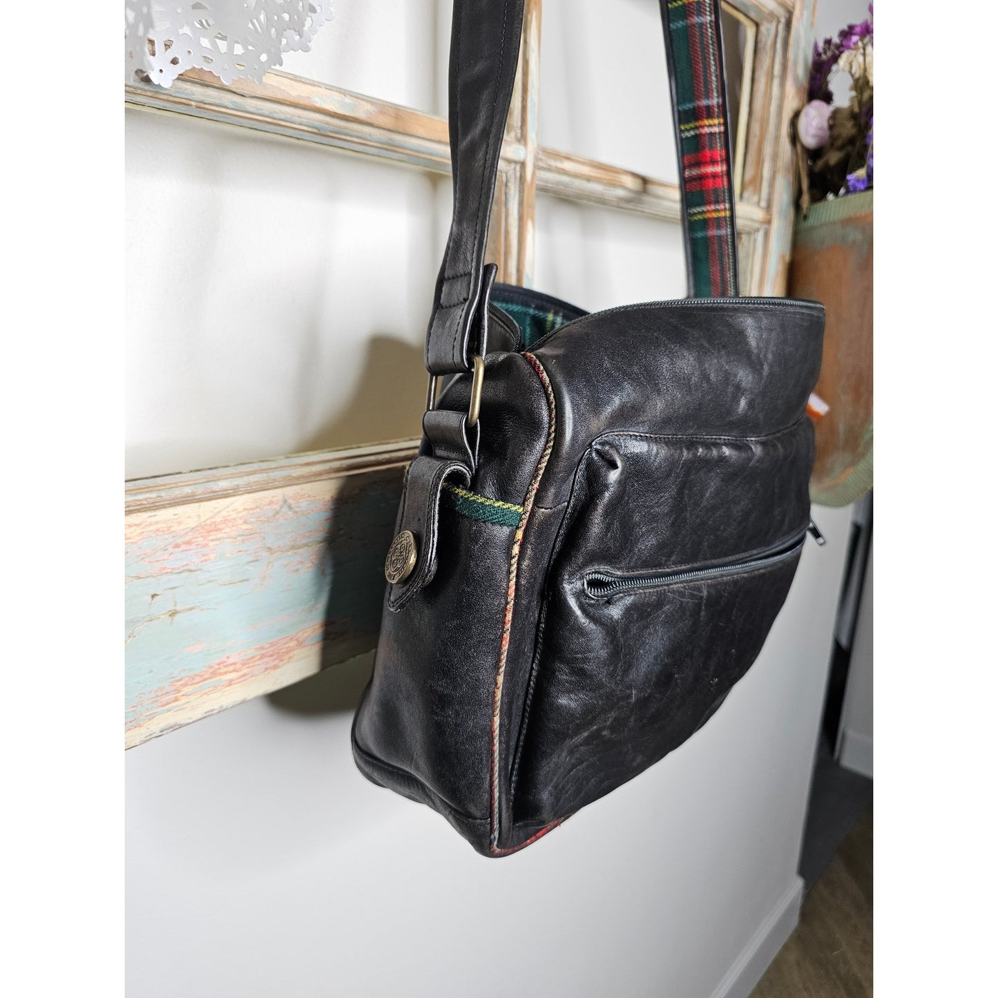 Vintage Black Leather Shoulder Bag with Plaid Contrast Unisex bag by Envy