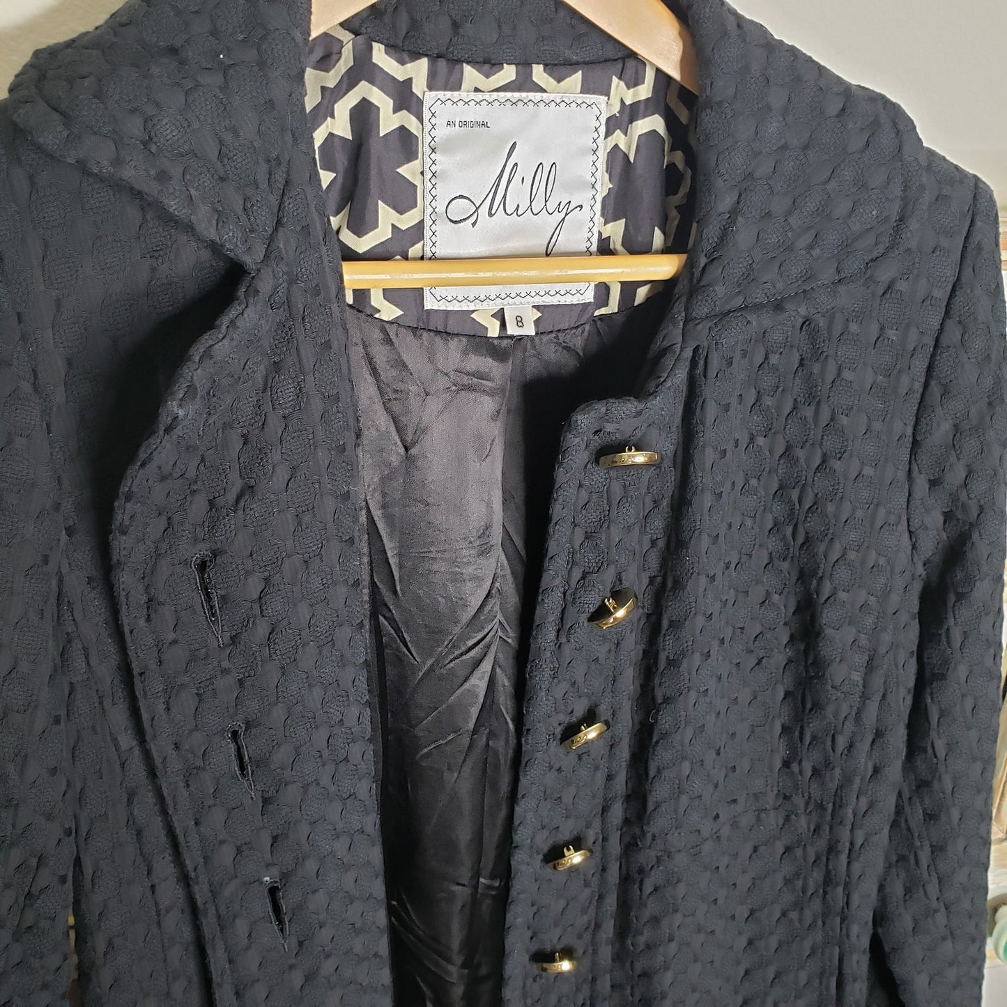 MILLY Basketweave cotton coat in black with gold accents size 8