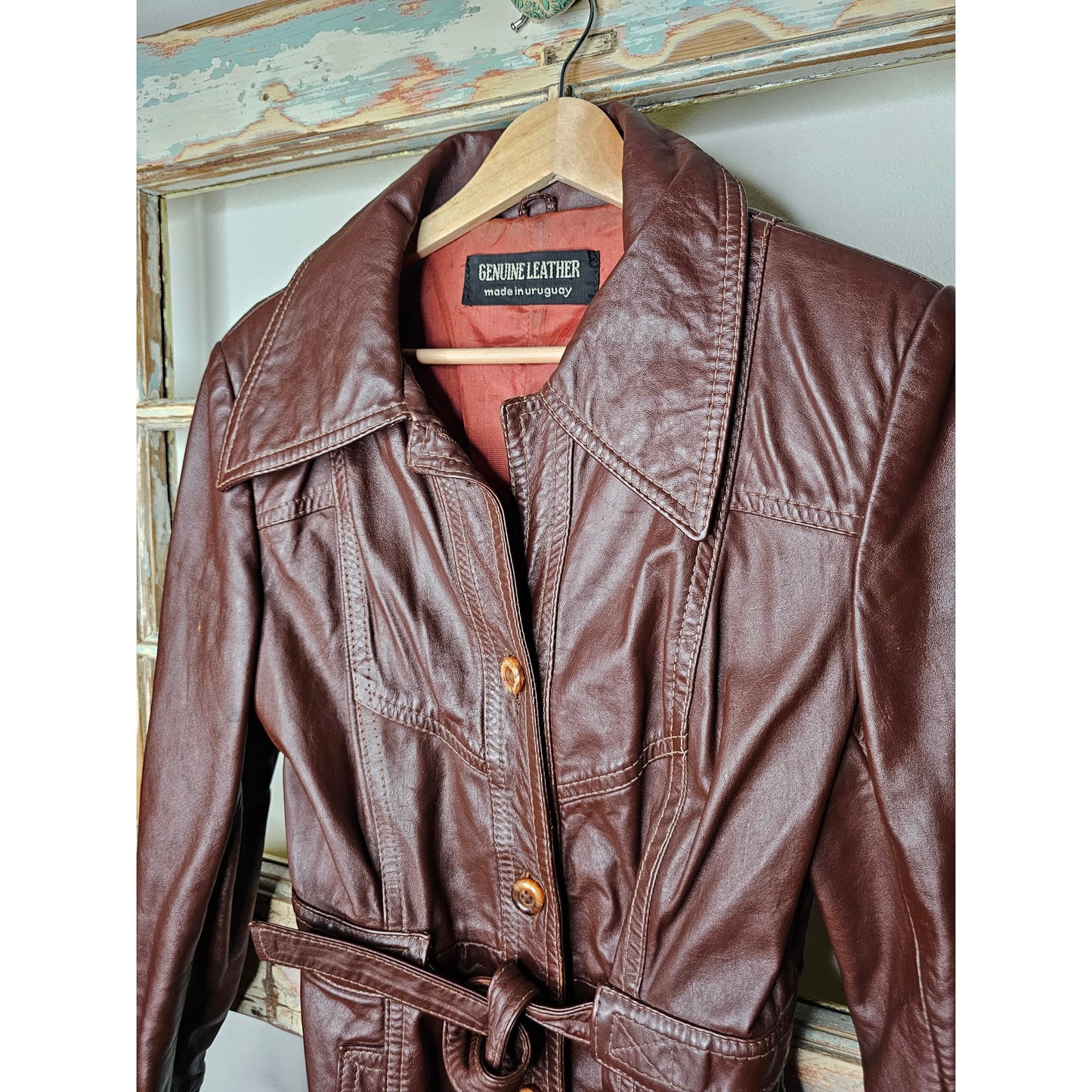 Vintage Leather Belted Dark Brown Jacket Ladies Size Small