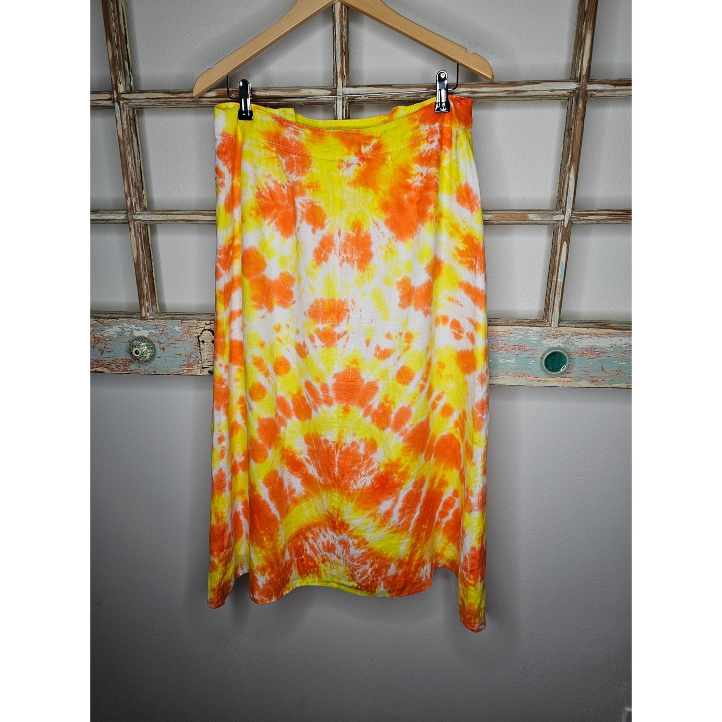 Linen Tie Dye Ladies Midi lined skirt In Yellow/ Orange by David Brooks Size 6
