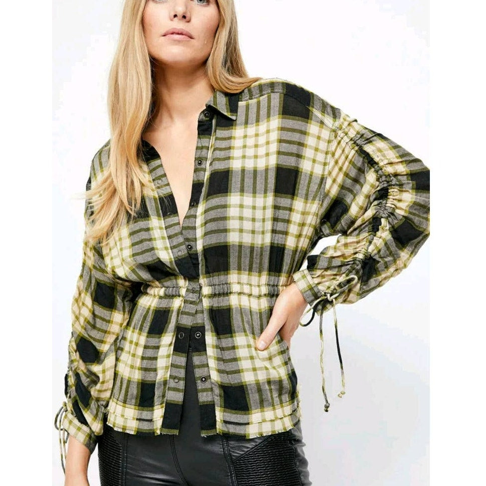 Free People Pacific Dawn Plaid Button Down Black/ Yellow Top size X-small