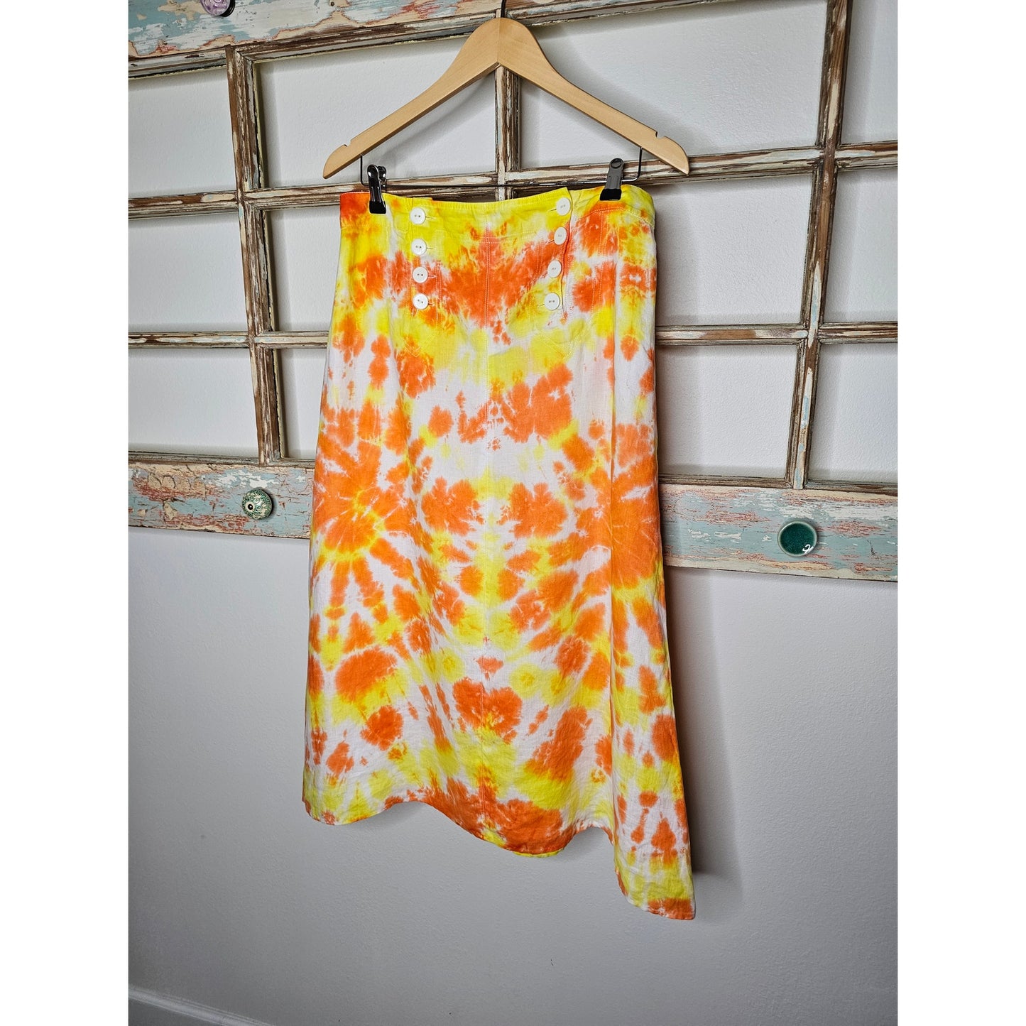 Linen Tie Dye Ladies Midi lined skirt In Yellow/ Orange by David Brooks Size 6
