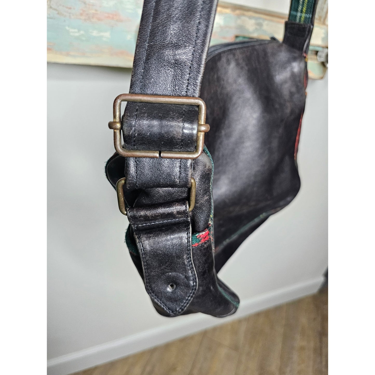 Vintage Black Leather Shoulder Bag with Plaid Contrast Unisex bag by Envy