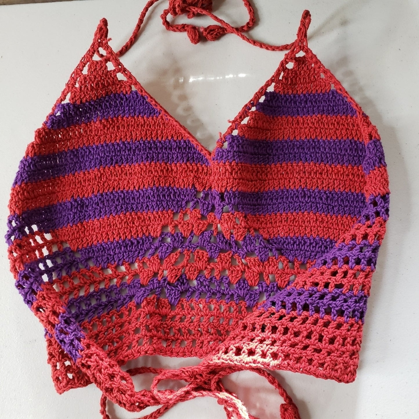 Crocheted halter top / hippie style great concert / festival wear ladies size XS