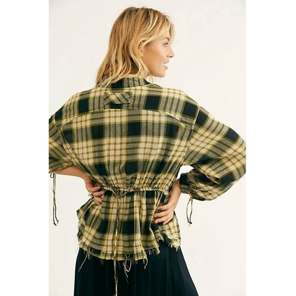 Free People Pacific Dawn Plaid Button Down Black/ Yellow Top size X-small