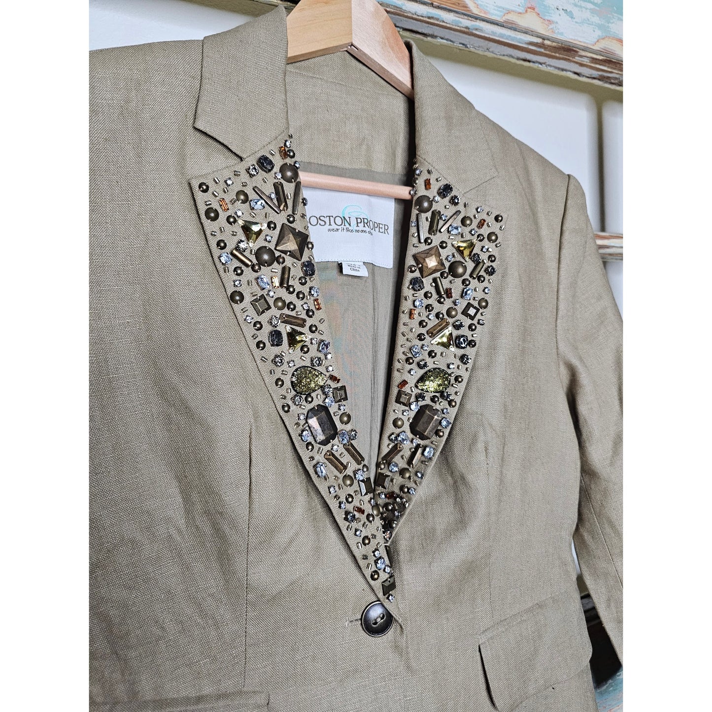 Linen Blazer Boston Proper Khaki with Jewel Embellishments size 2