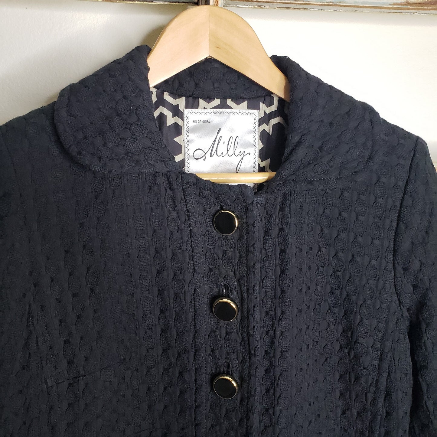 MILLY Basketweave cotton coat in black with gold accents size 8