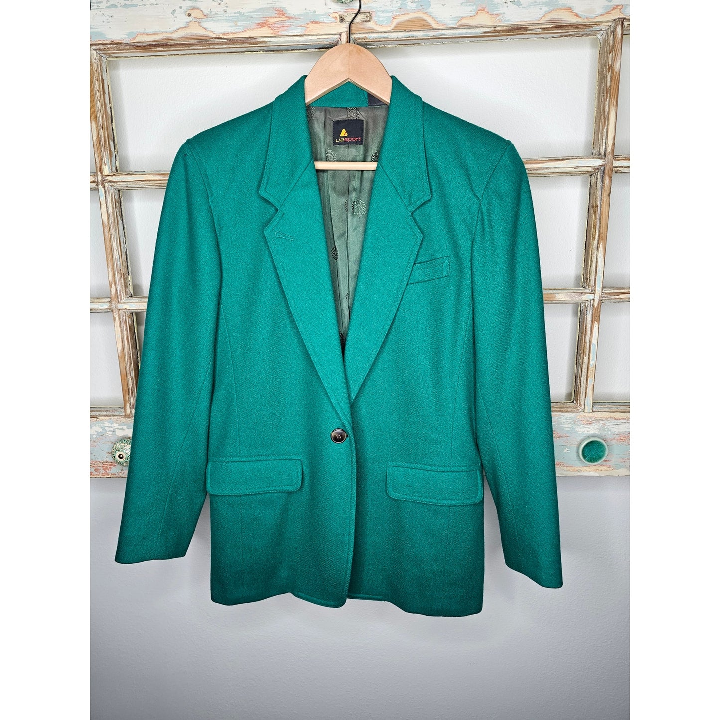 Vintage Liz Wear Blazer Green Wool Ladies Button Front with Pockets size 4