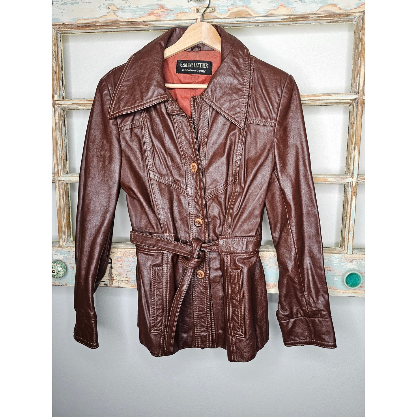 Vintage Leather Belted Dark Brown Jacket Ladies Size Small