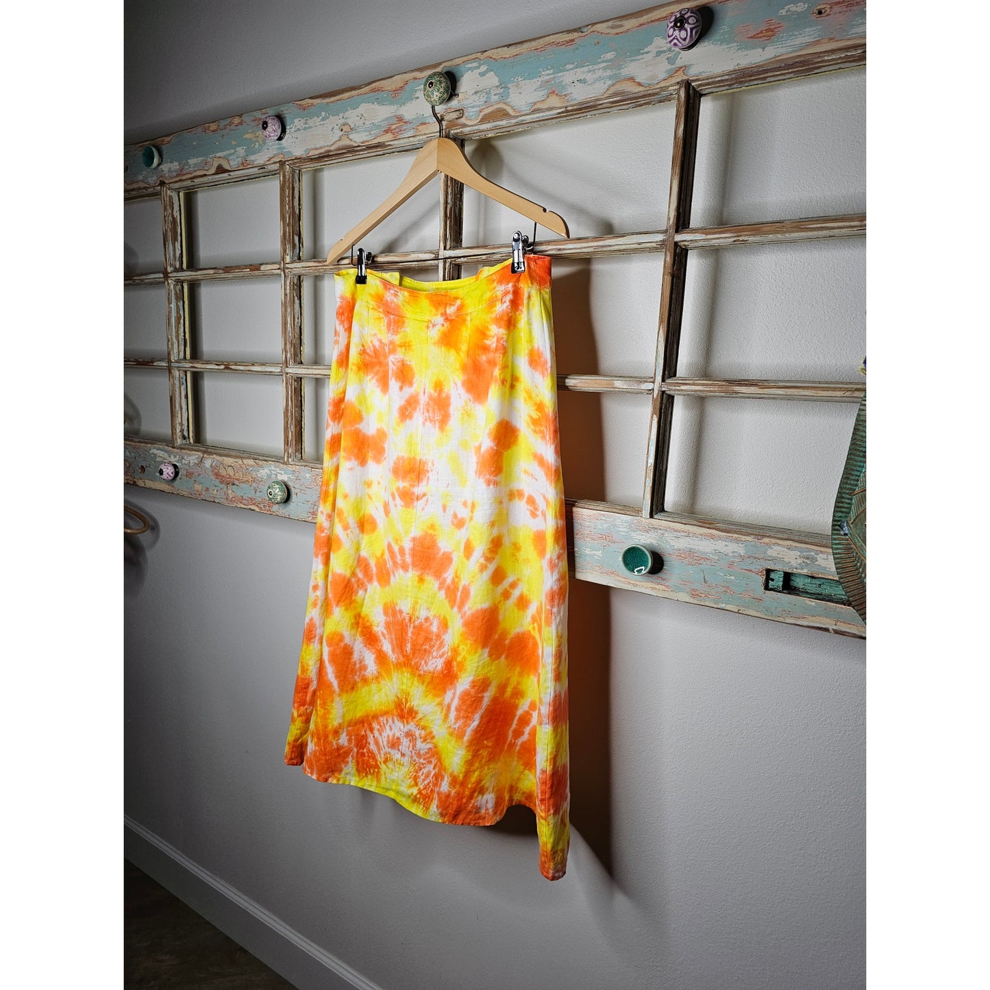 Linen Tie Dye Ladies Midi lined skirt In Yellow/ Orange by David Brooks Size 6