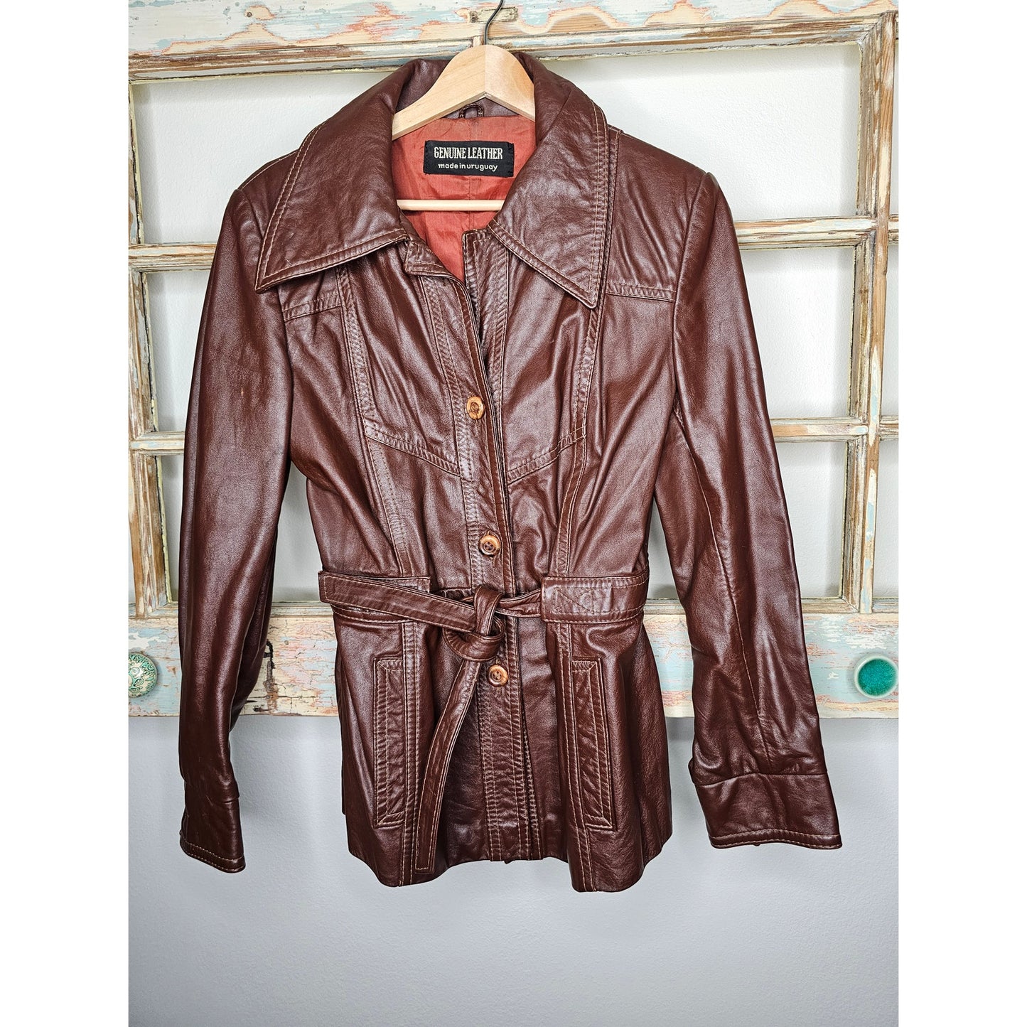 Vintage Leather Belted Dark Brown Jacket Ladies Size Small