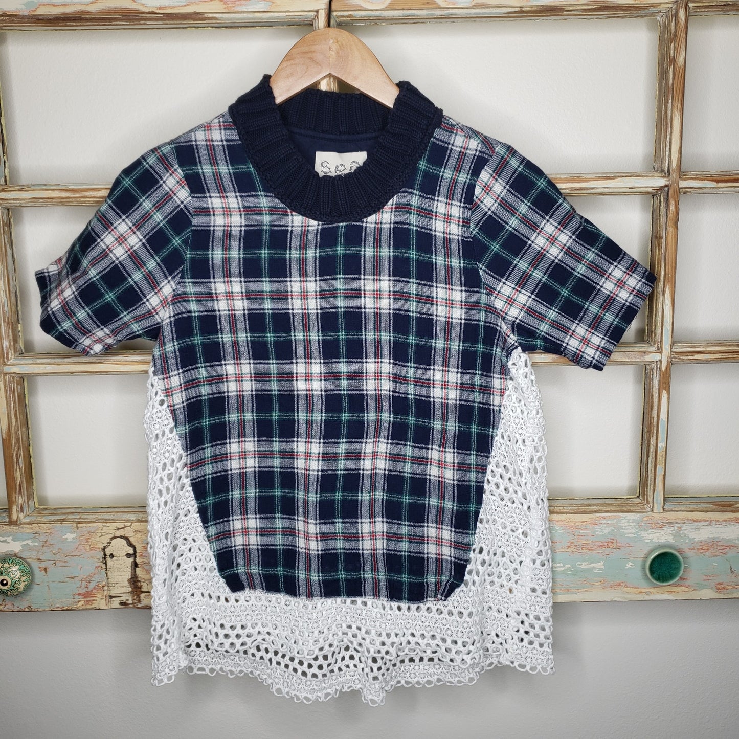 Sea New York Blue/White Plaid Crochet Knit Short top ladies size small