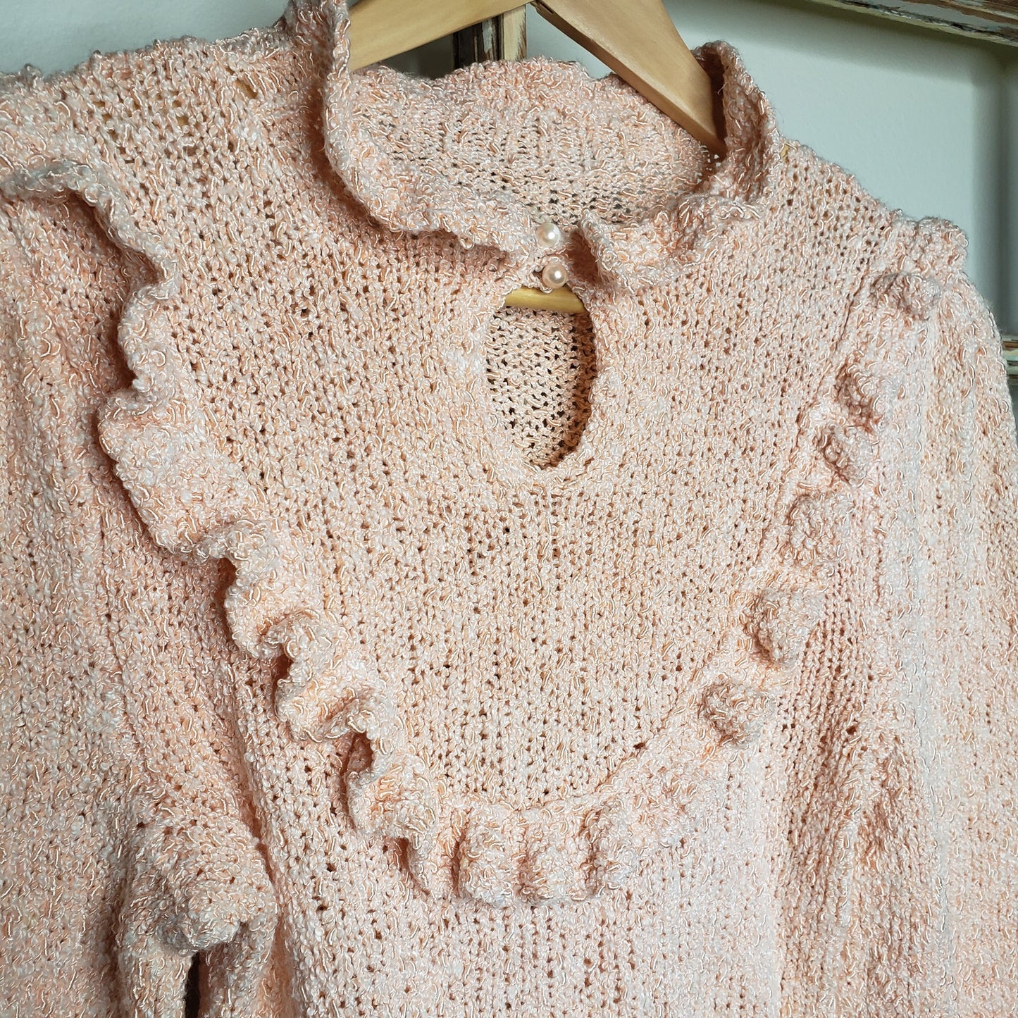 Vintage Light Peach Sweater Ruffles Neckline/ Cuffs ladies size small