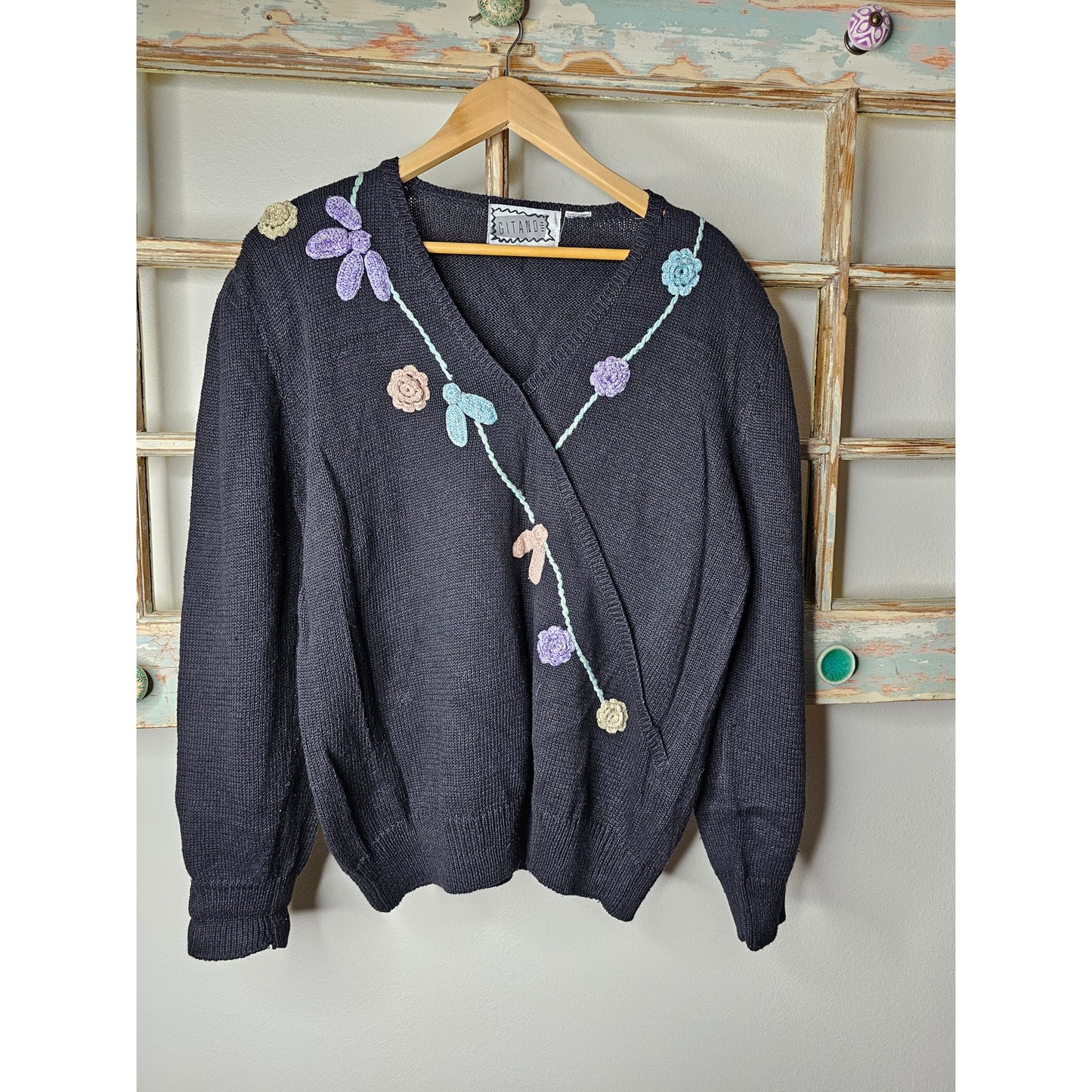 Vintage Gitano Black Sweater with Crochet flowers Ladies Size XL