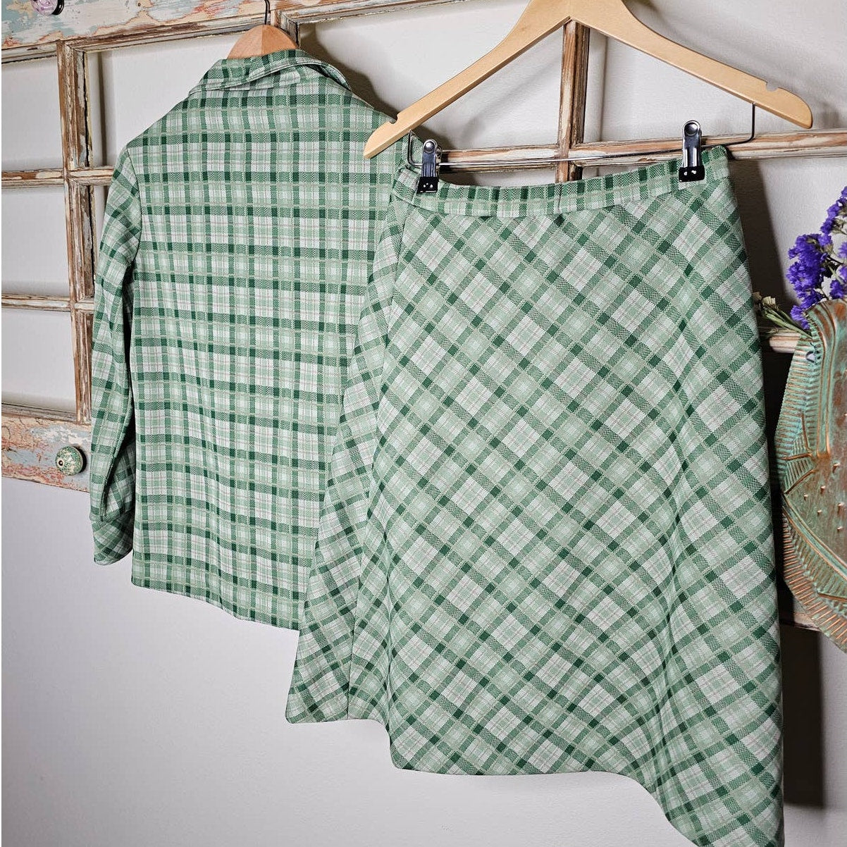 Retro Polyester 70's Skirt and Blazer Green Plaid Set Size 10