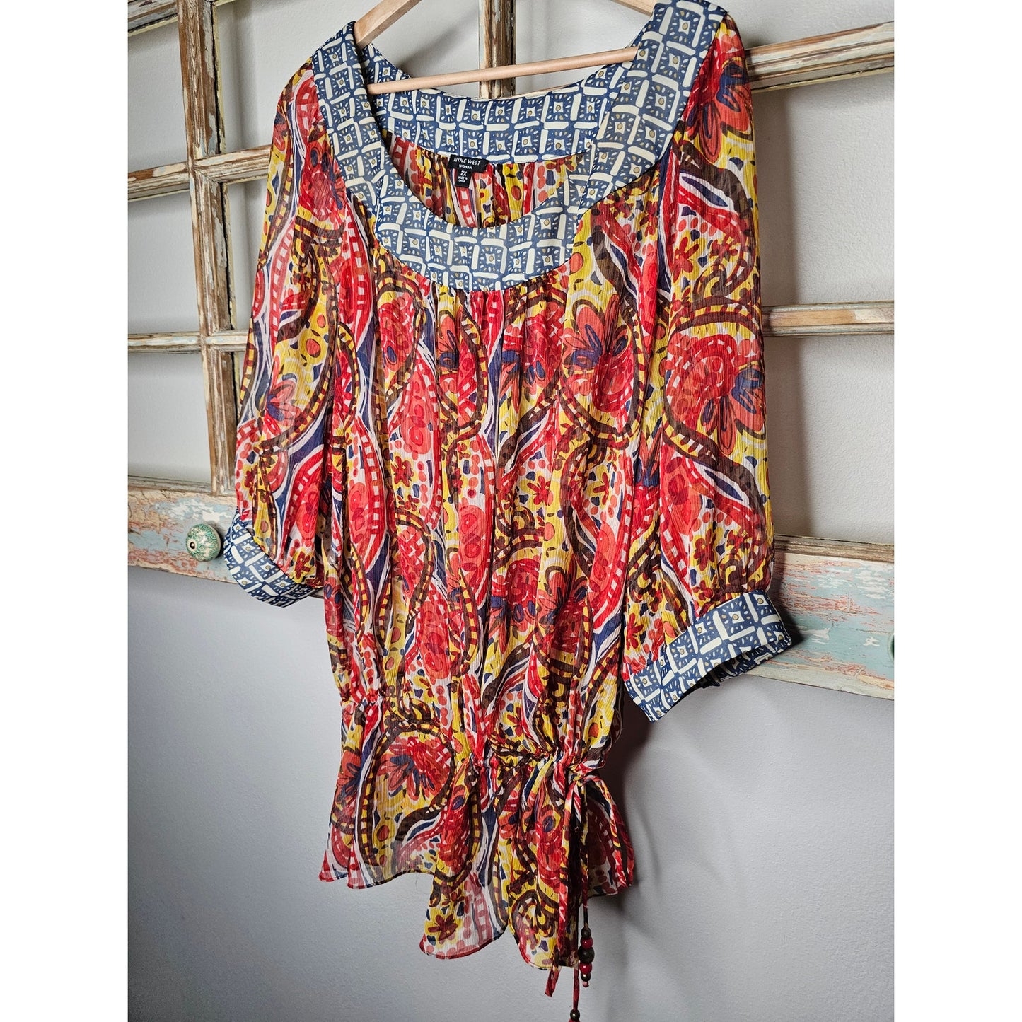 Nine West Vibrant Sheer Drawstring Scoop neck blouse size 2X