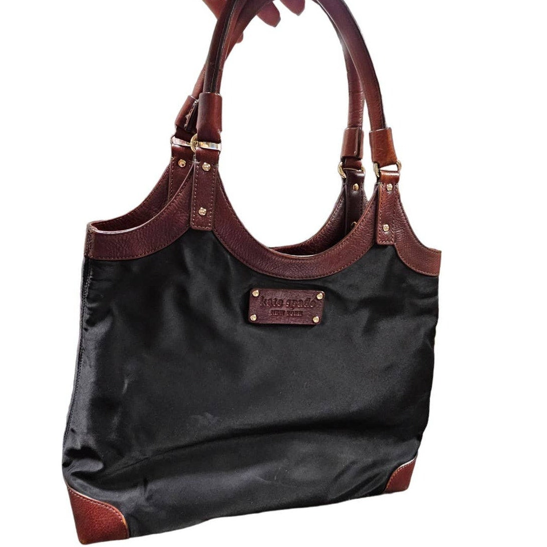 Kate Spade New York Black Nylon Shoulder Bag with Brown Leather Accents