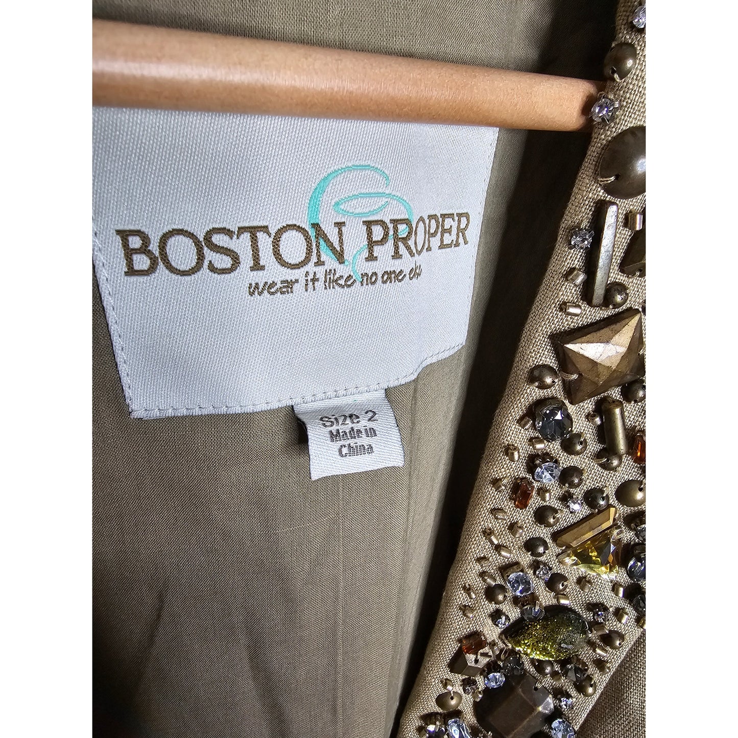 Linen Blazer Boston Proper Khaki with Jewel Embellishments size 2