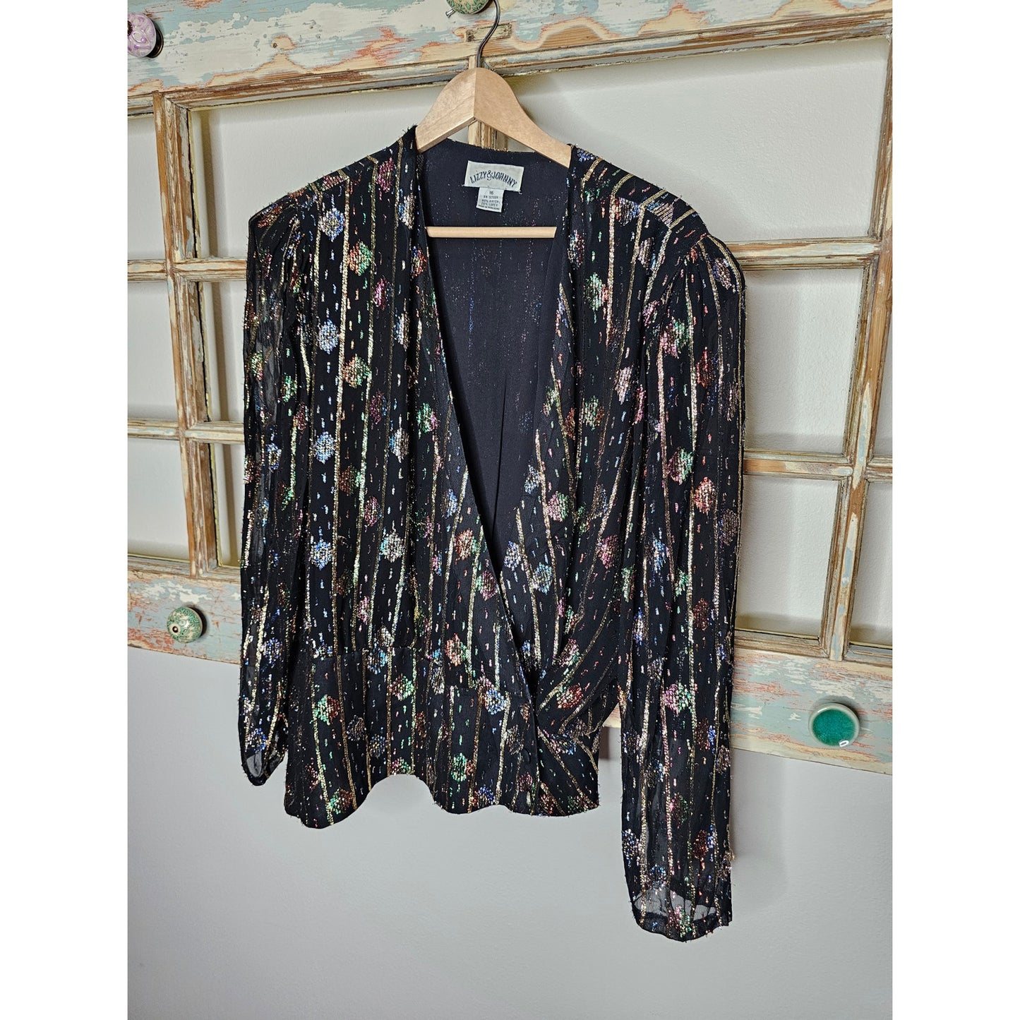 Vintage Lizzy & Johnny Wrap Blouse with Metallic Ladies size 16