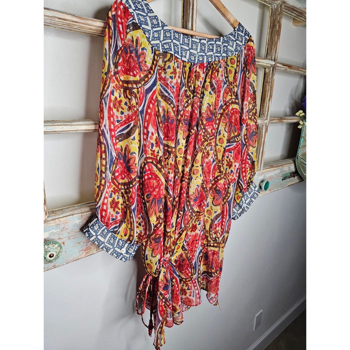 Nine West Vibrant Sheer Drawstring Scoop neck blouse size 2X