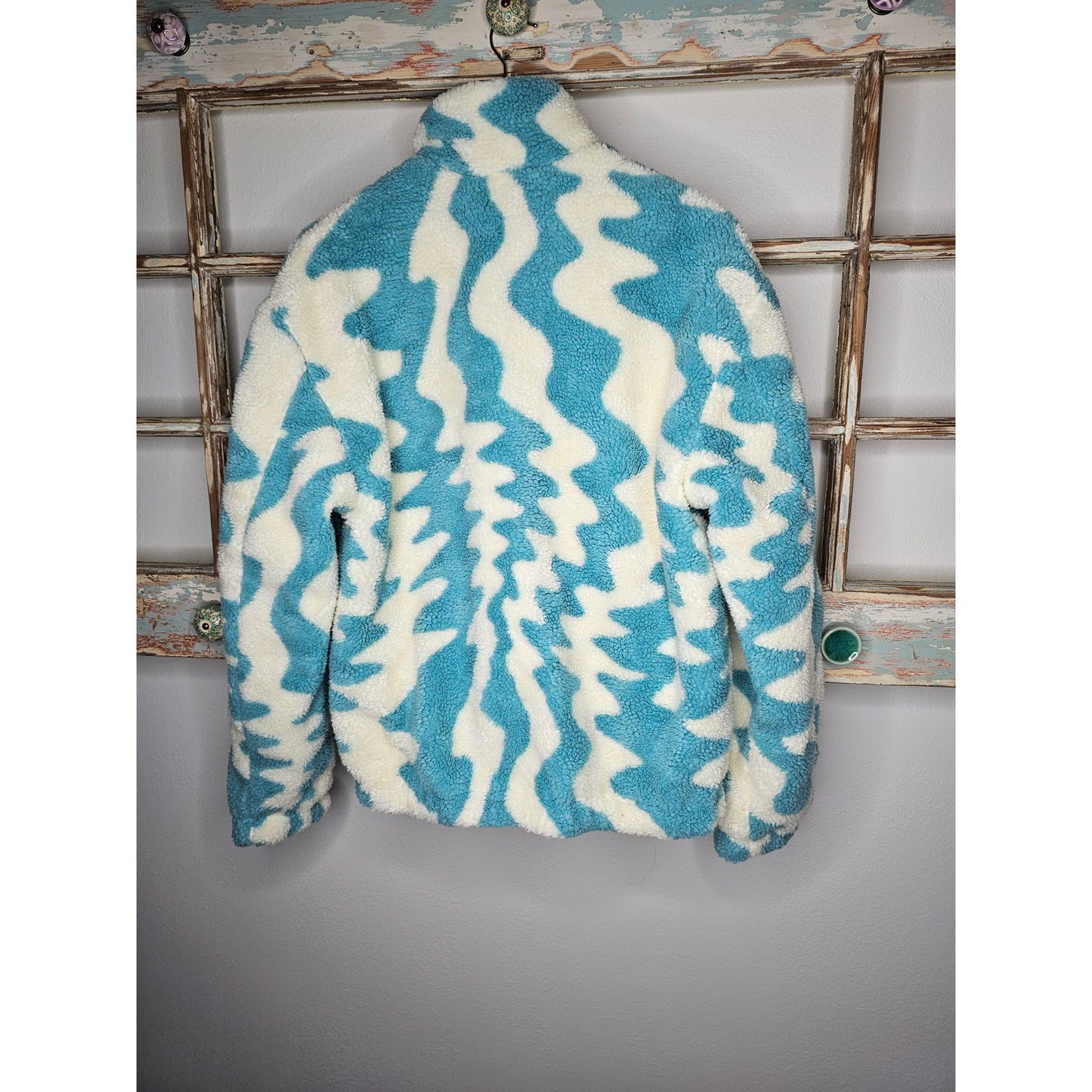 Asos Designs Sherpa Jacket with Abstract Turquoise Designs Size XS