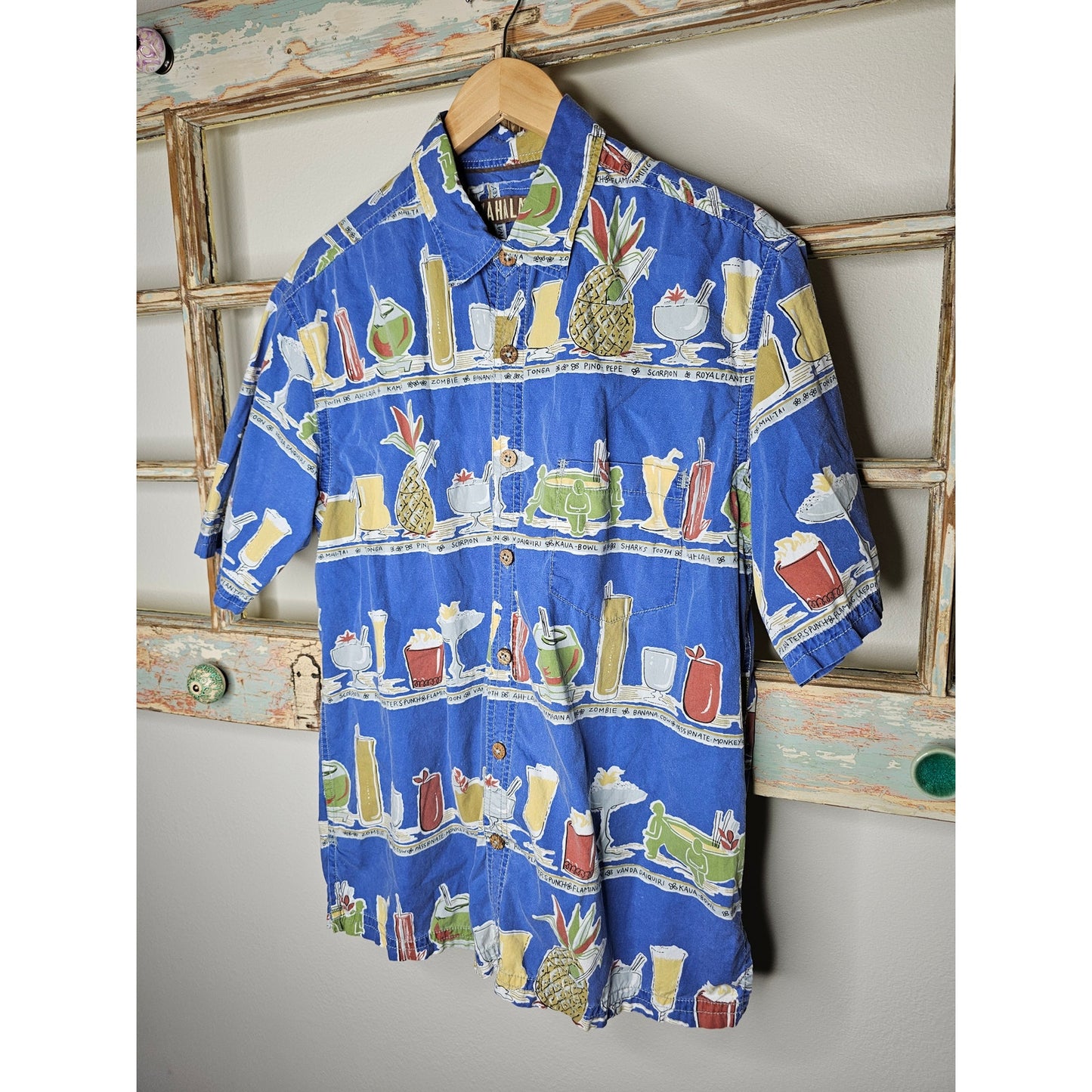 Kahali Hawaiian Shirt Tropical Drinks Button Up Short-Sleeve Size Large