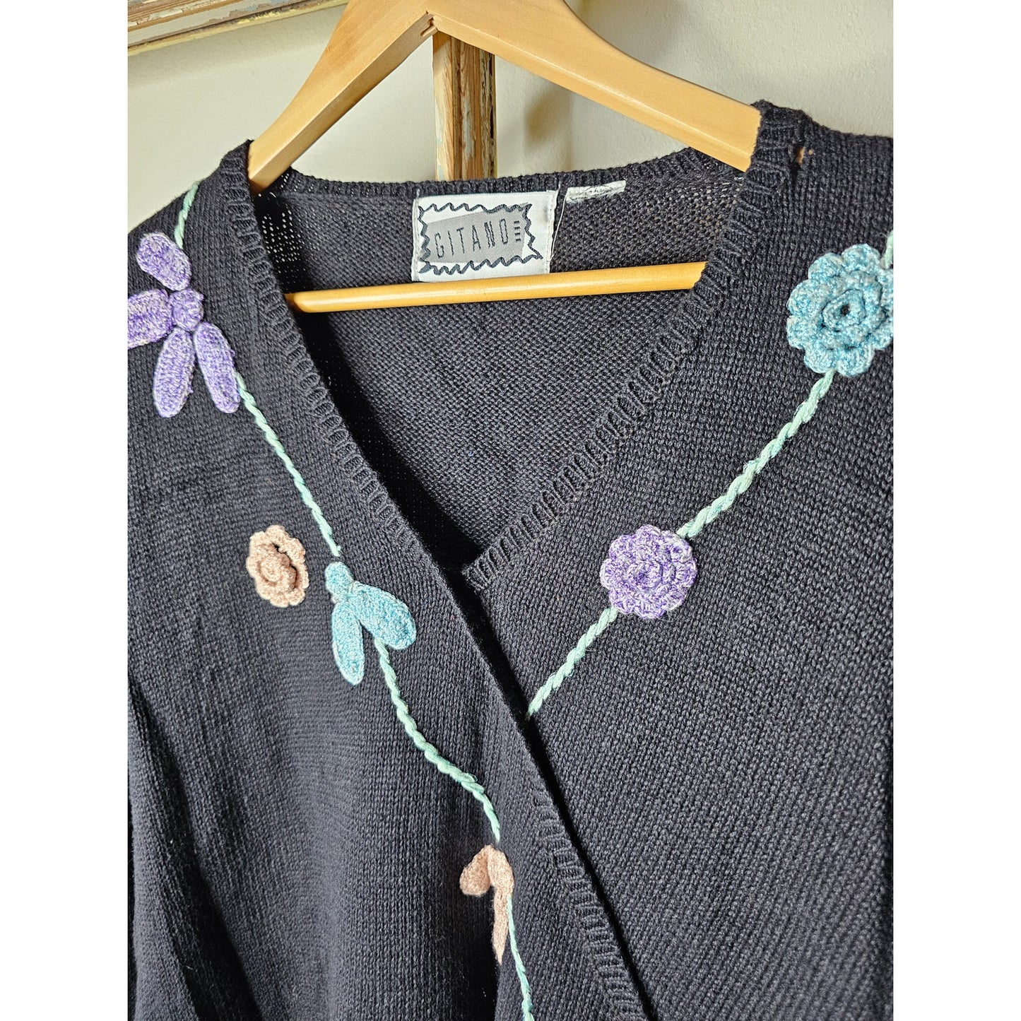 Vintage Gitano Black Sweater with Crochet flowers Ladies Size XL
