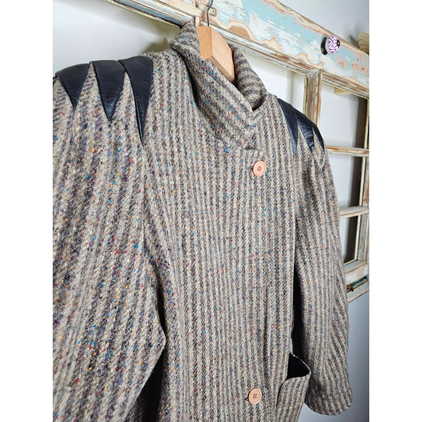 Wool Double Breasted Womans coat with pockets and leather accents size 1X