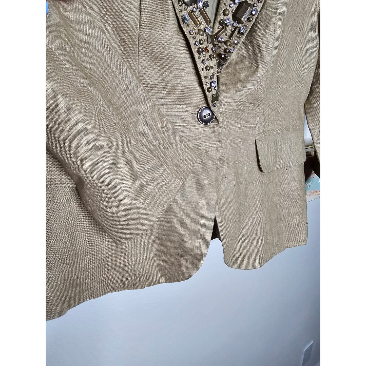 Linen Blazer Boston Proper Khaki with Jewel Embellishments size 2