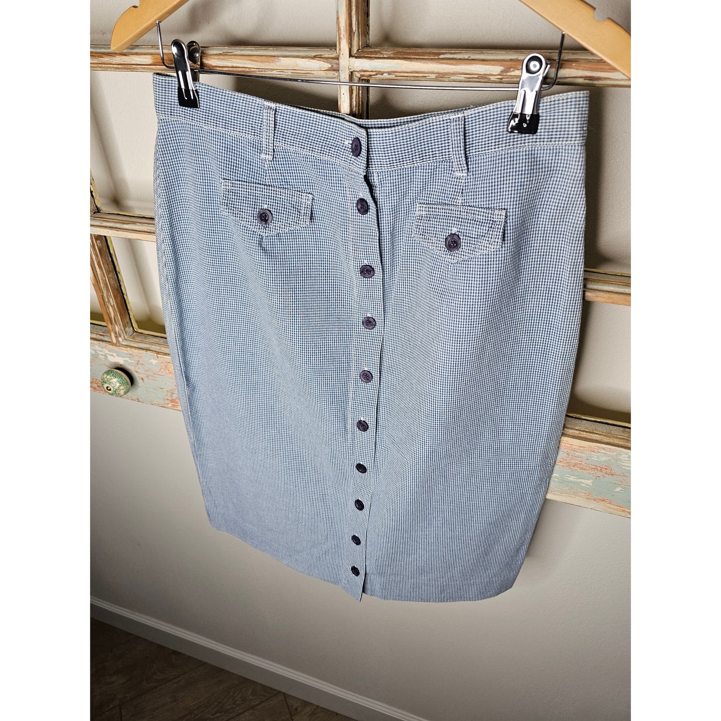Vintage 907 Company Blue/White Gingham Button Front Denim Skirt Size 12