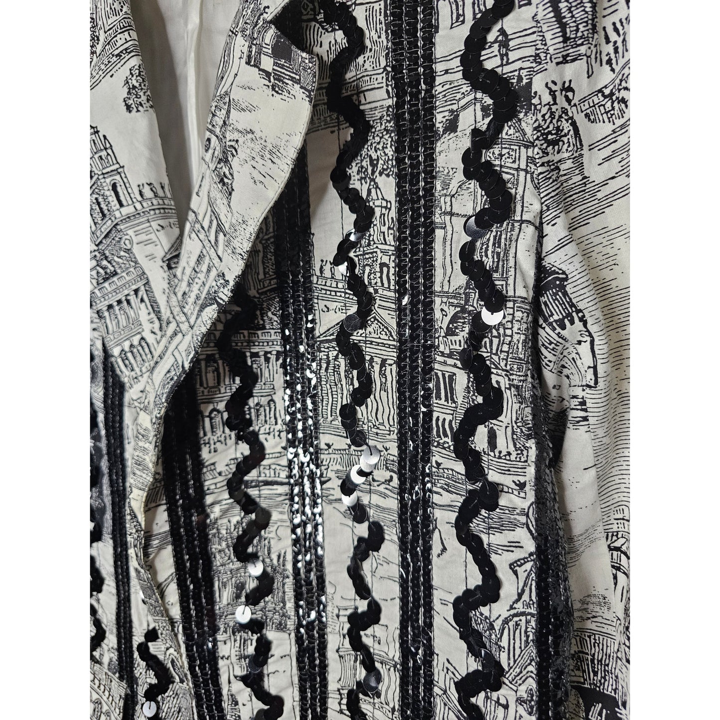 Vintage European Black/White Scenic Blazer with Sequin ric/rac front Size Large