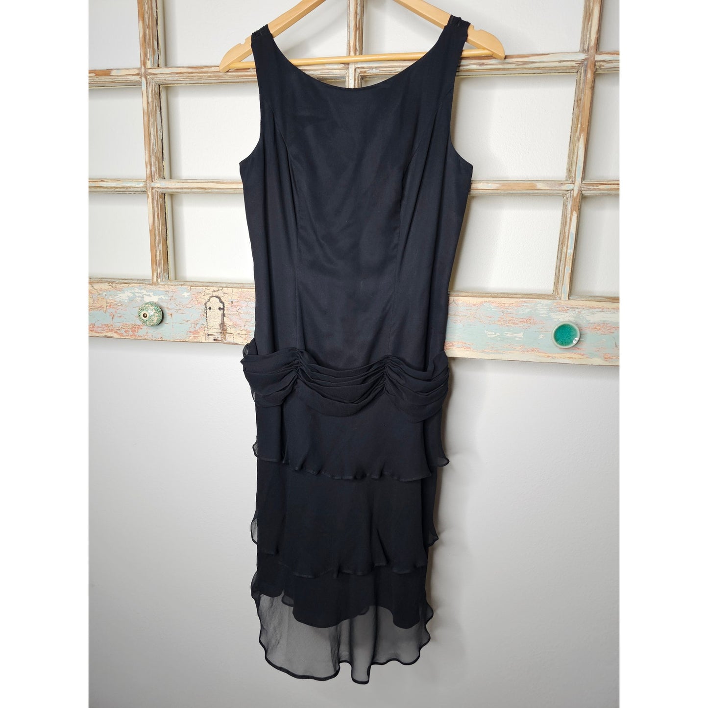 Vintage 100% Silk lined Sleeveless tiered Midi Dress w/ Swag waist size 8