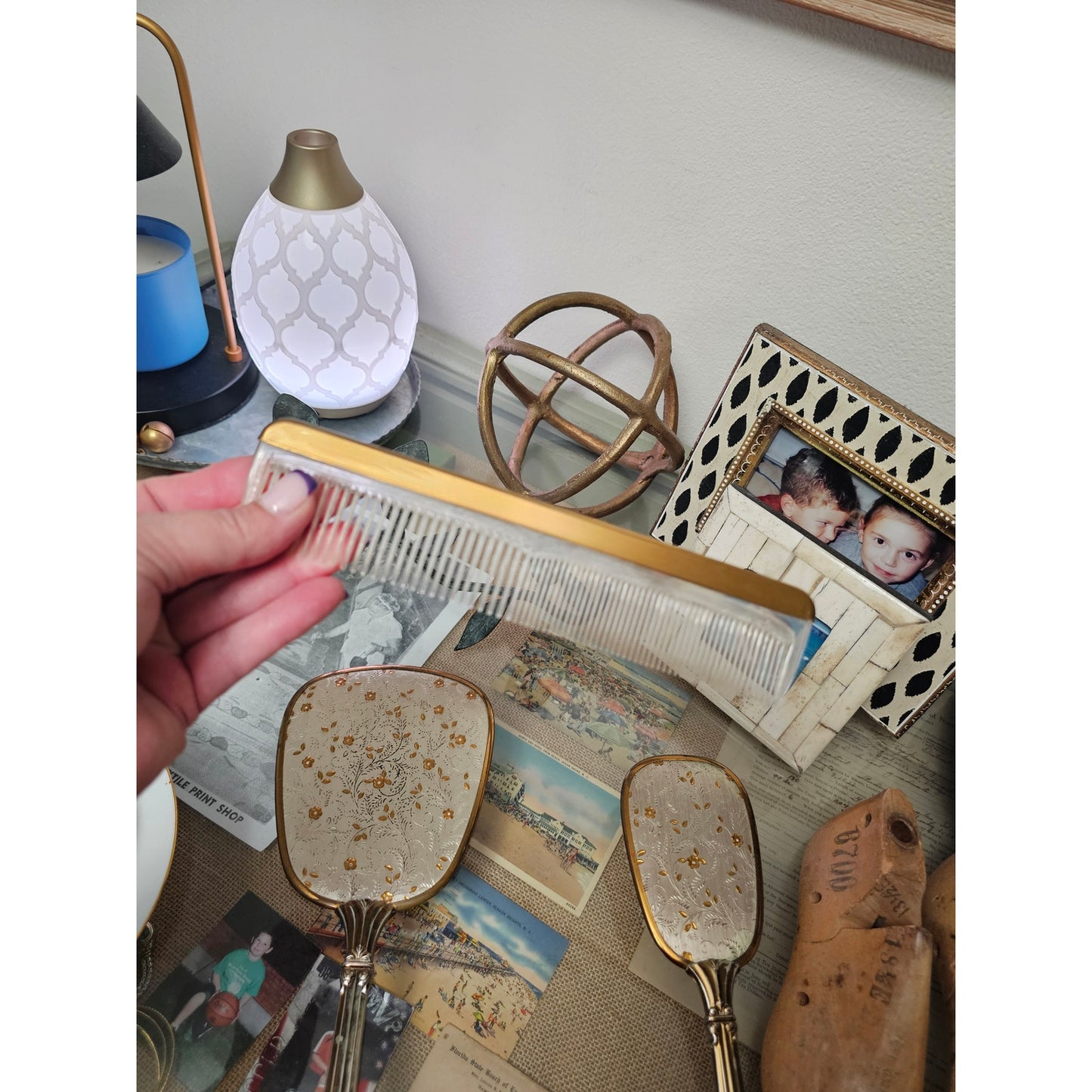 Vintage 60's Matching Mirror, Brush & Comb Vanity Set Gold & Silver