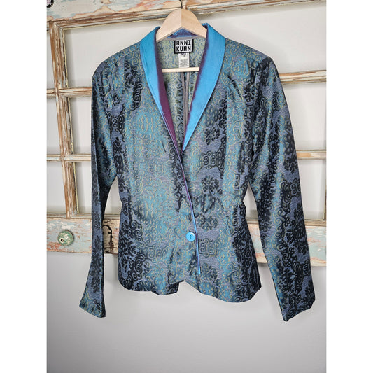 Anni Kuan Signature Wrap Brocade Jacket in Blues Ladies size Small