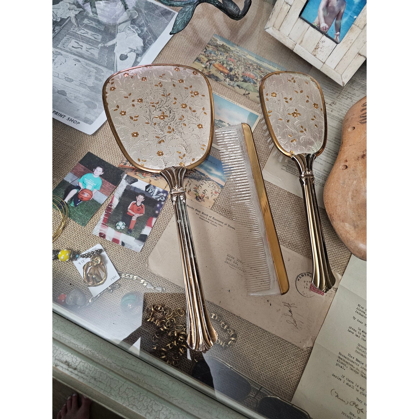 Vintage 60's Matching Mirror, Brush & Comb Vanity Set Gold & Silver