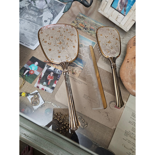 Vintage 60's Matching Mirror, Brush & Comb Vanity Set Gold & Silver