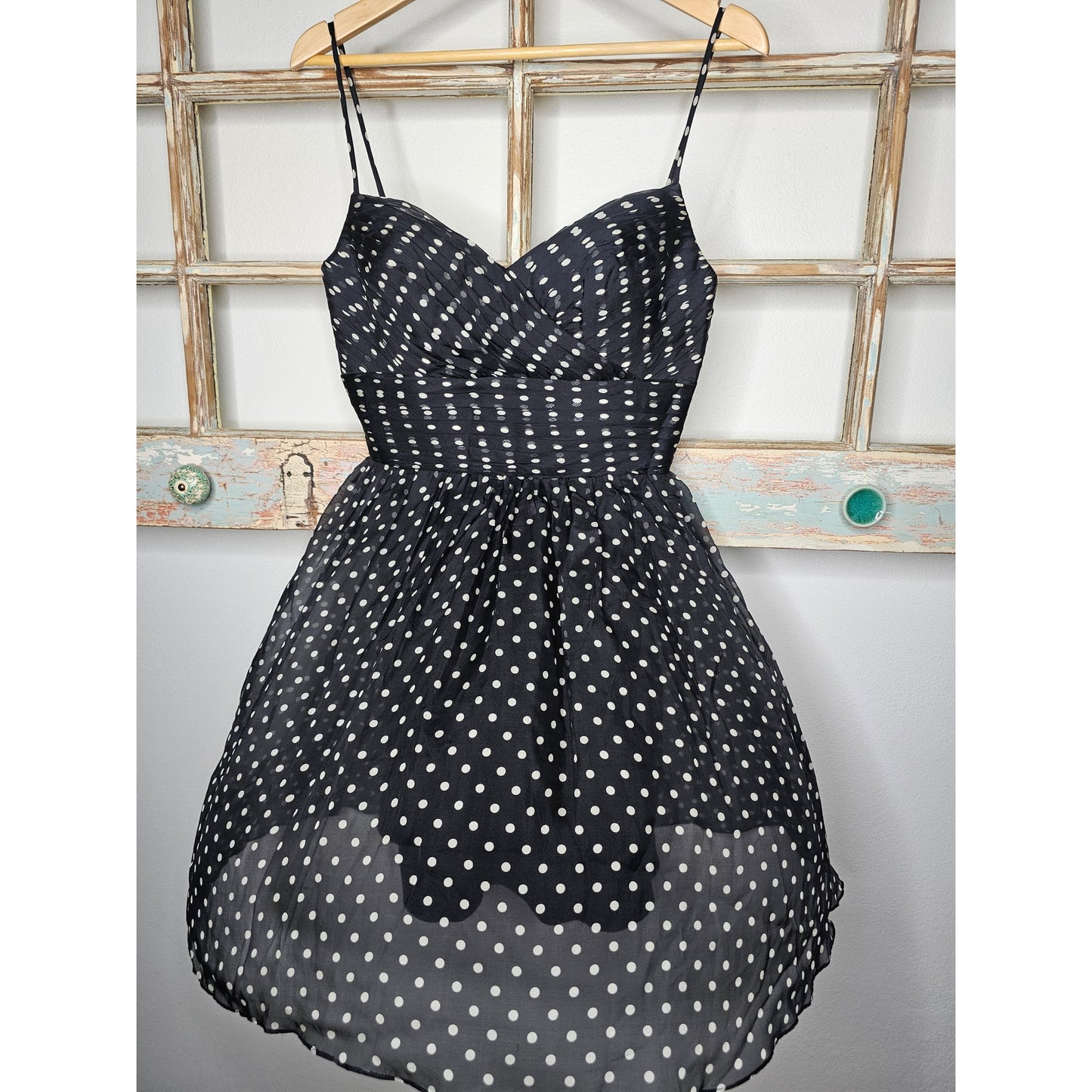 Black & White 100% Silk Polka Dot Mini Dress Spaghetti Straps Ladies size 8