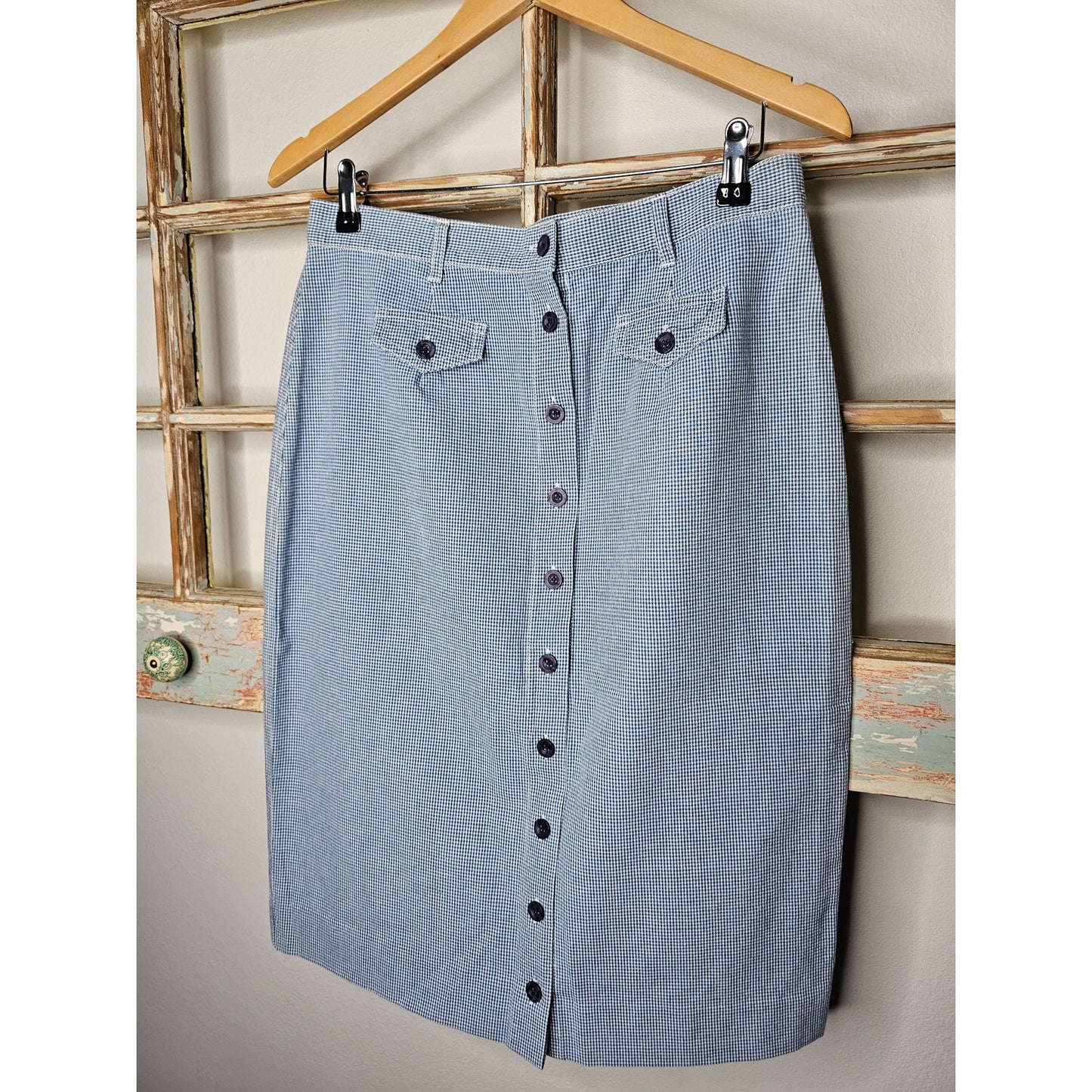 Vintage 907 Company Blue/White Gingham Button Front Denim Skirt Size 12