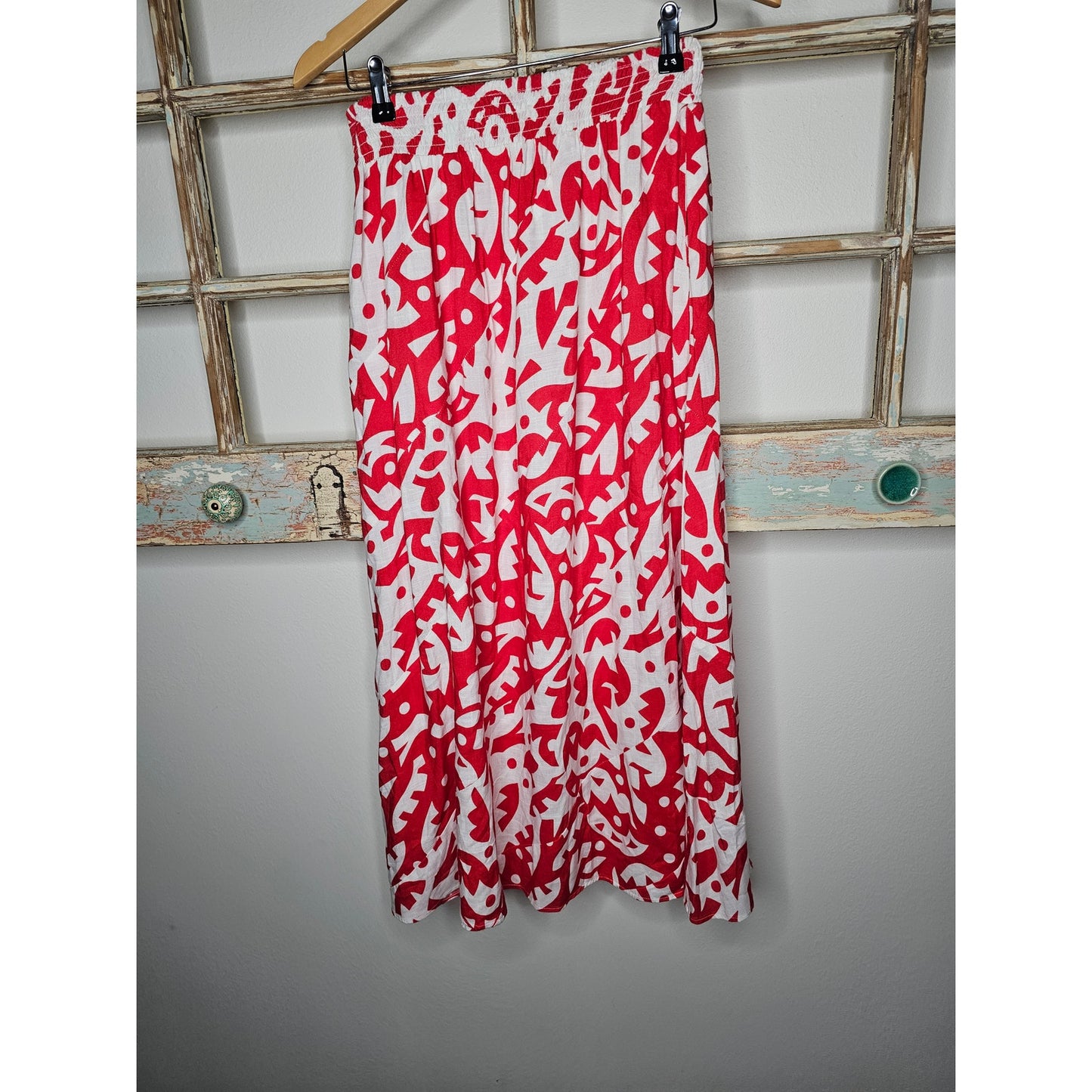 The Odells Red/White Abstract A-Line Midi Skirt Pockets size Small