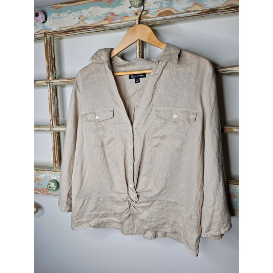 Linen INC Tan 3/4 Sleeve Twisted front At Waist  Ladies Size XL