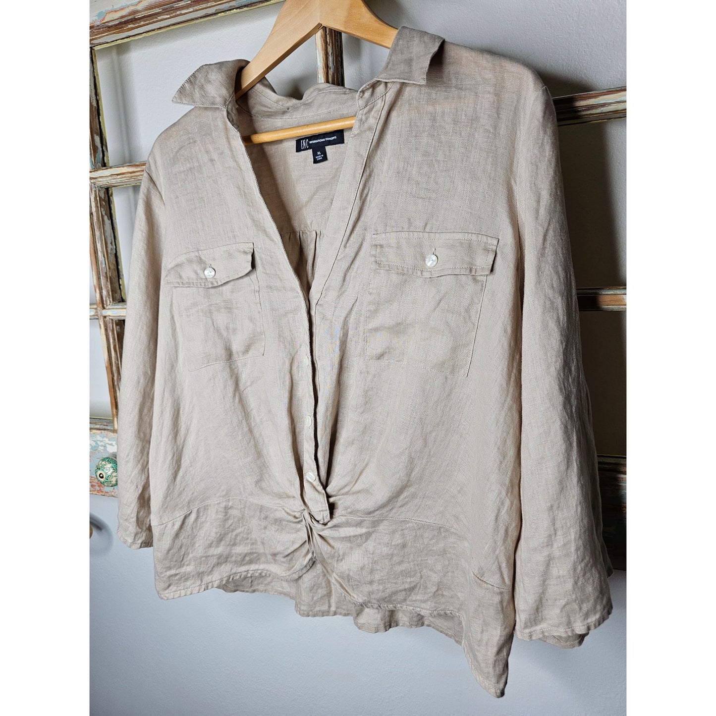 Linen INC Tan 3/4 Sleeve Twisted front At Waist  Ladies Size XL