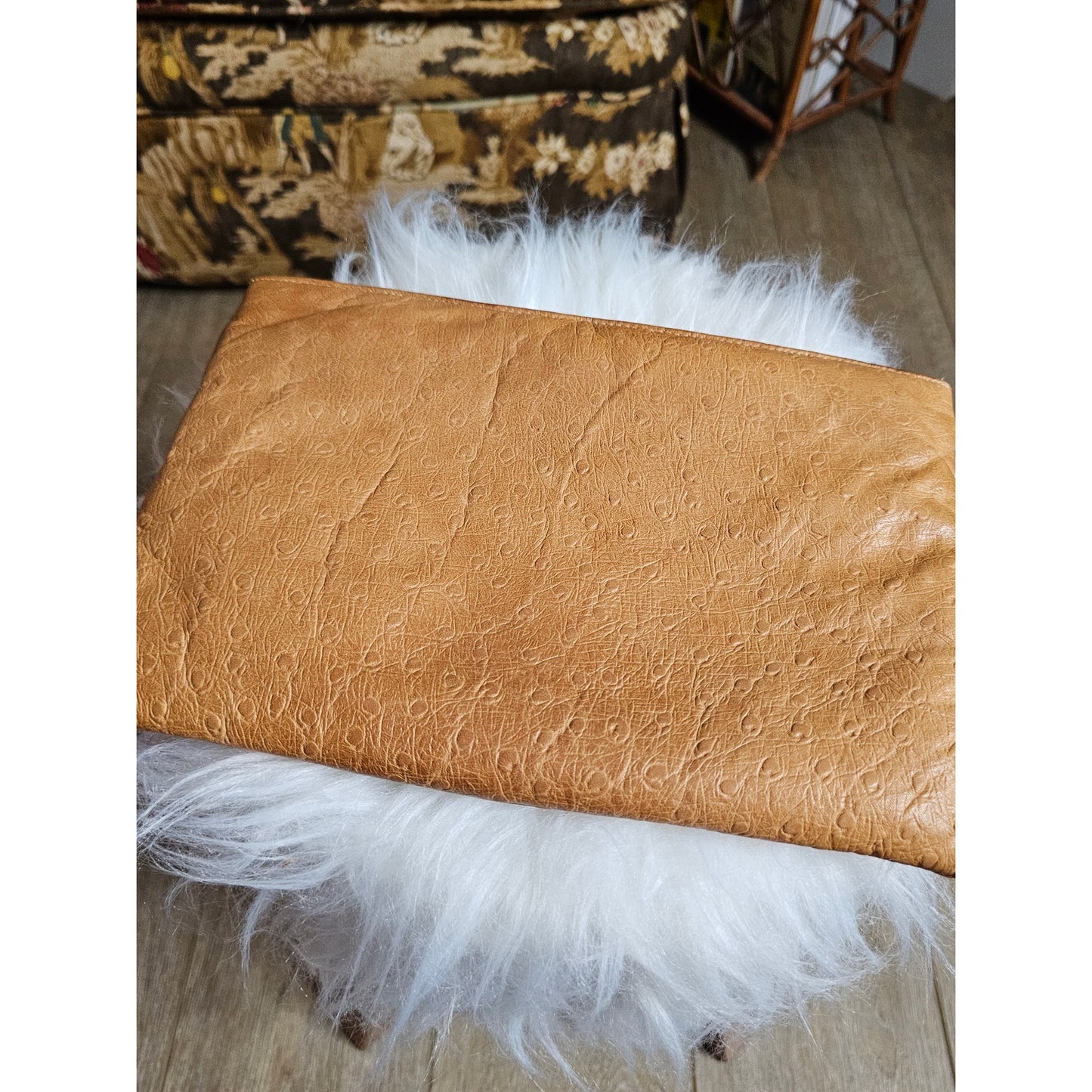 Vintage 80's Ruth Saltz Leather Clutch Ostrich Print