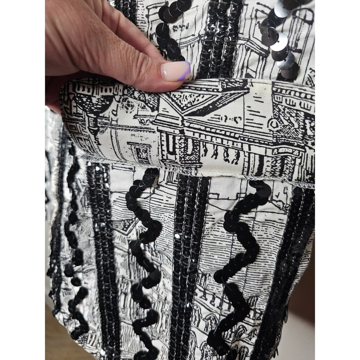 Vintage European Black/White Scenic Blazer with Sequin ric/rac front Size Large