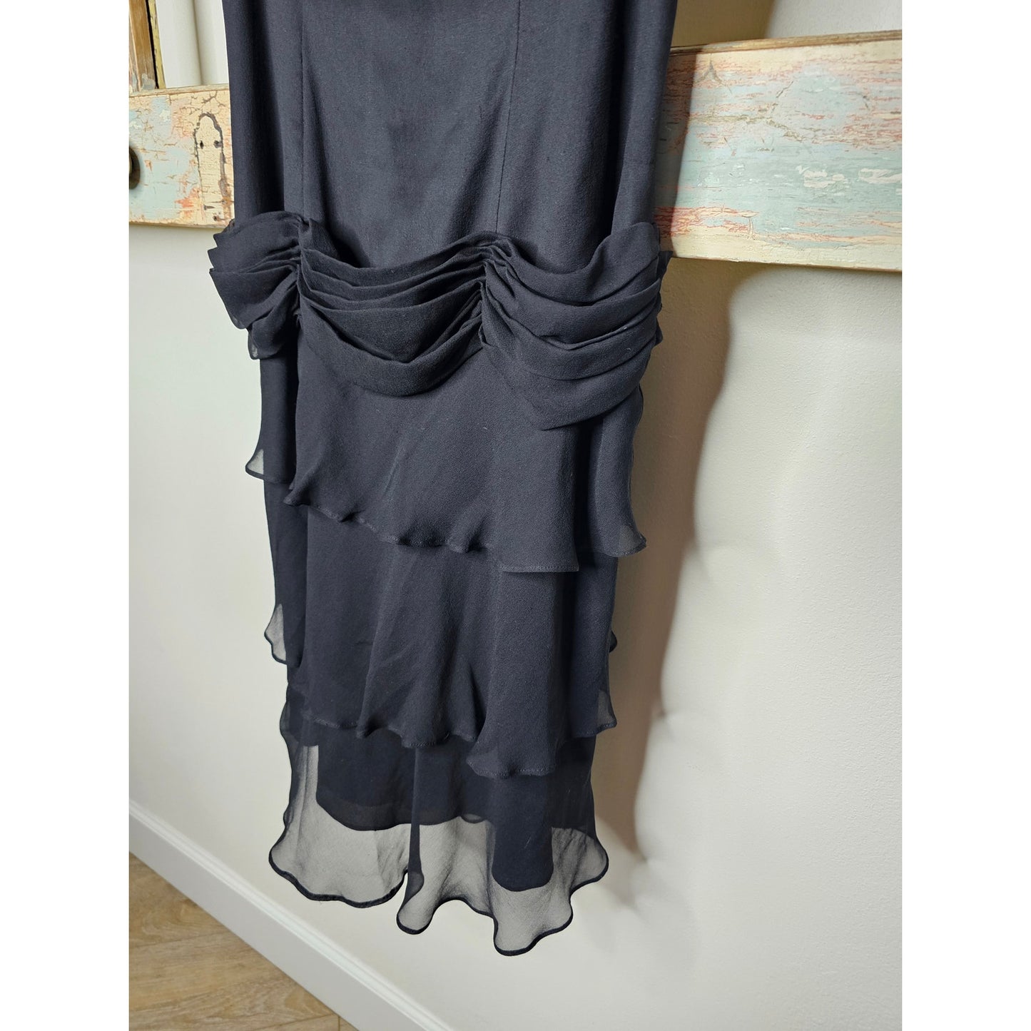 Vintage 100% Silk lined Sleeveless tiered Midi Dress w/ Swag waist size 8